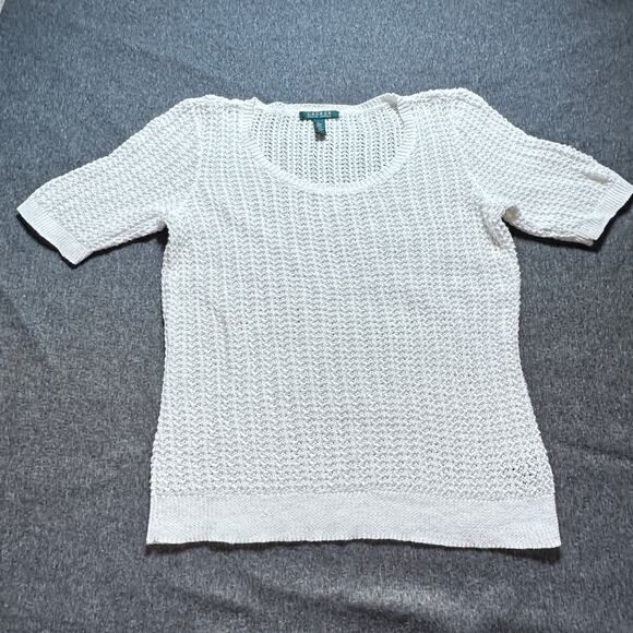 Lauren Ralph Lauren Sweater Women's sz L White Open Knit Linen Cotton Blend - Picture 6 of 7